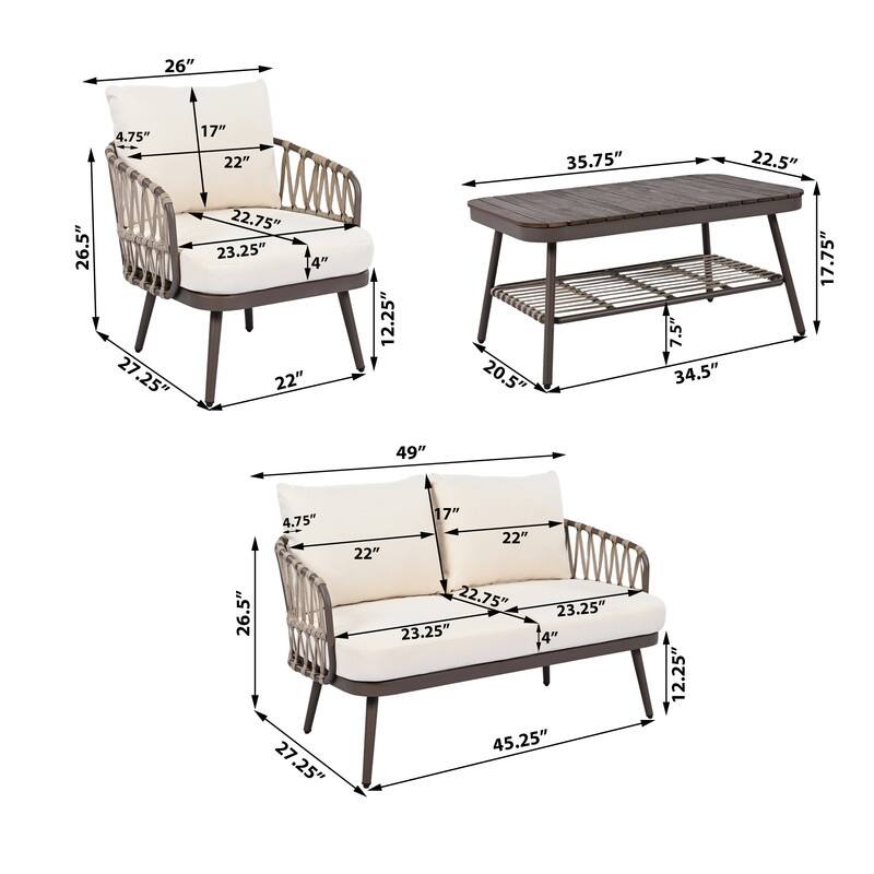 Four-Piece Outdoor Patio Set‌ – Metal Frame Chairs With Woven Rope U-Shaped Backrests, Includes Thick Cushions And Coffee Table.