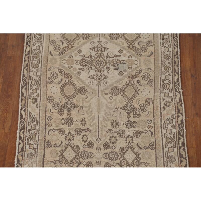 Hamedan Persian Vintage Runner Rug Handmade Geometric Wool Carpet - 3'3" x 9'9"