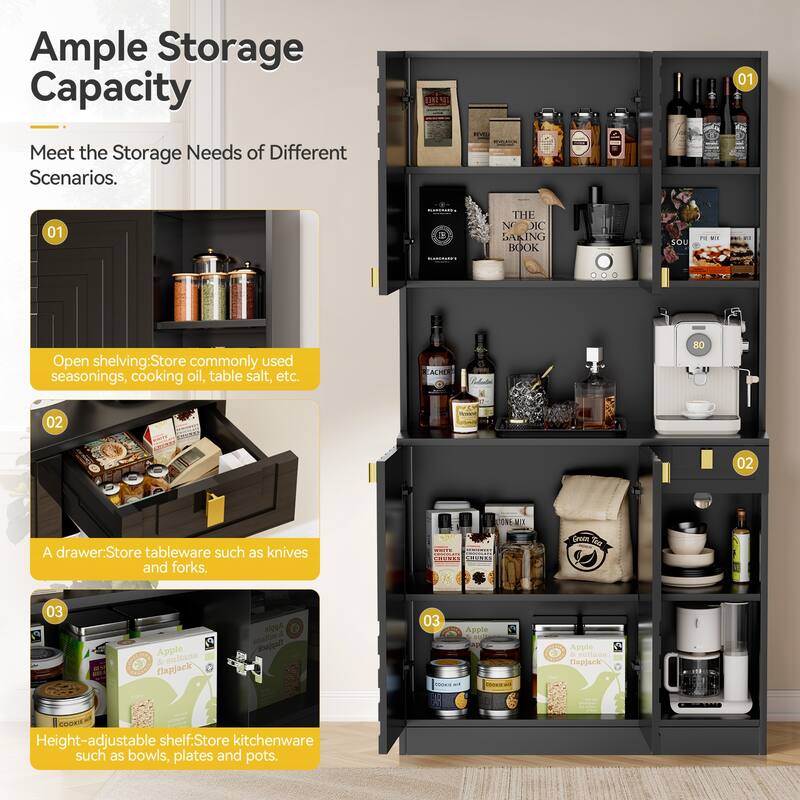 Pocassy Kitchen Pantry Cabinet 71" Hutch Cabinet with Countertop