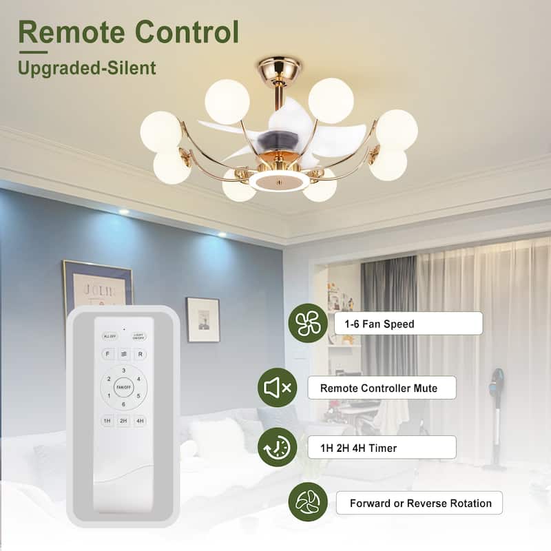 Indoor Black Modern Ceiling Fan with Light, Reversible Fandelier with Bulbs and Remote for Living Room