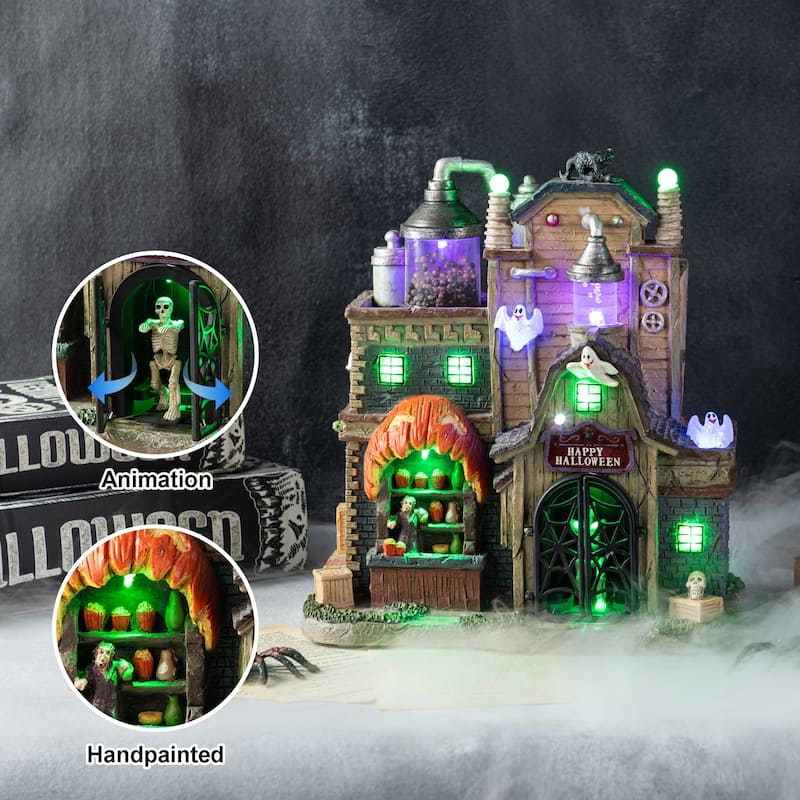 Glitzhome 11"H Lighted Resin Haunted House Table Village Halloween Decorations Gift