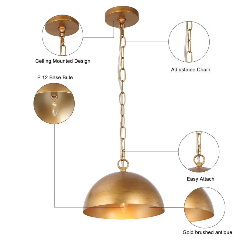 Mid-century Modern Brushed Brass Dome Barn Kitchen Island Metal Pendant Lights - Brushed Brass Gold - D10'' x H68''