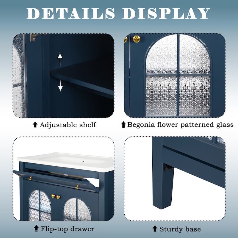 35.6-Inch Mid-Century Bathroom Vanity Sink with Patterned Glass & Motion-Sensor Light, Farmhouse Storage Vanity