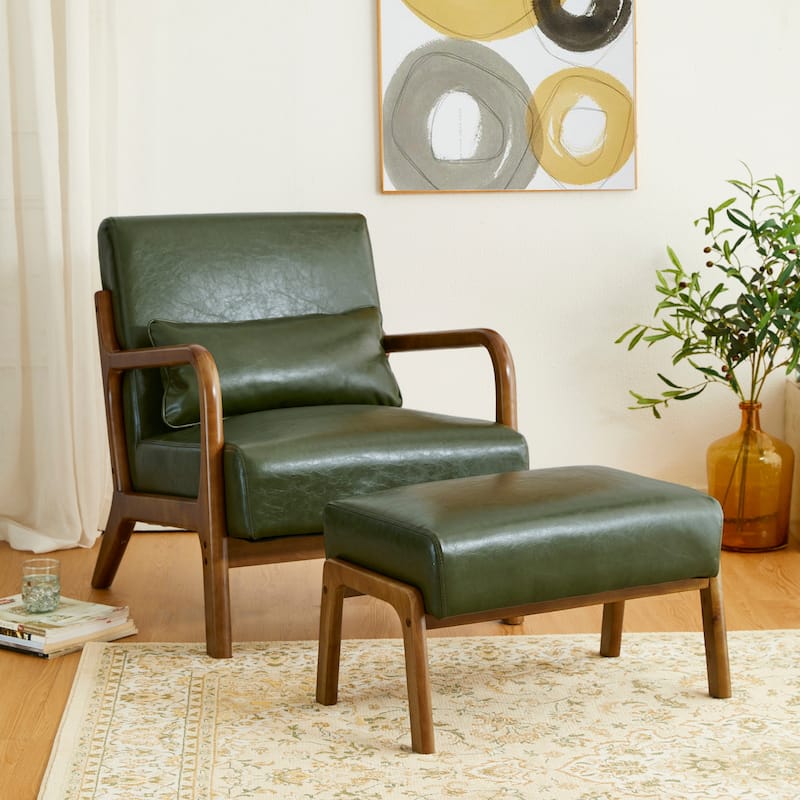 Glitzhome 30.75"H Mid-Century PU Leather Armchair with Ottoman Set - Green