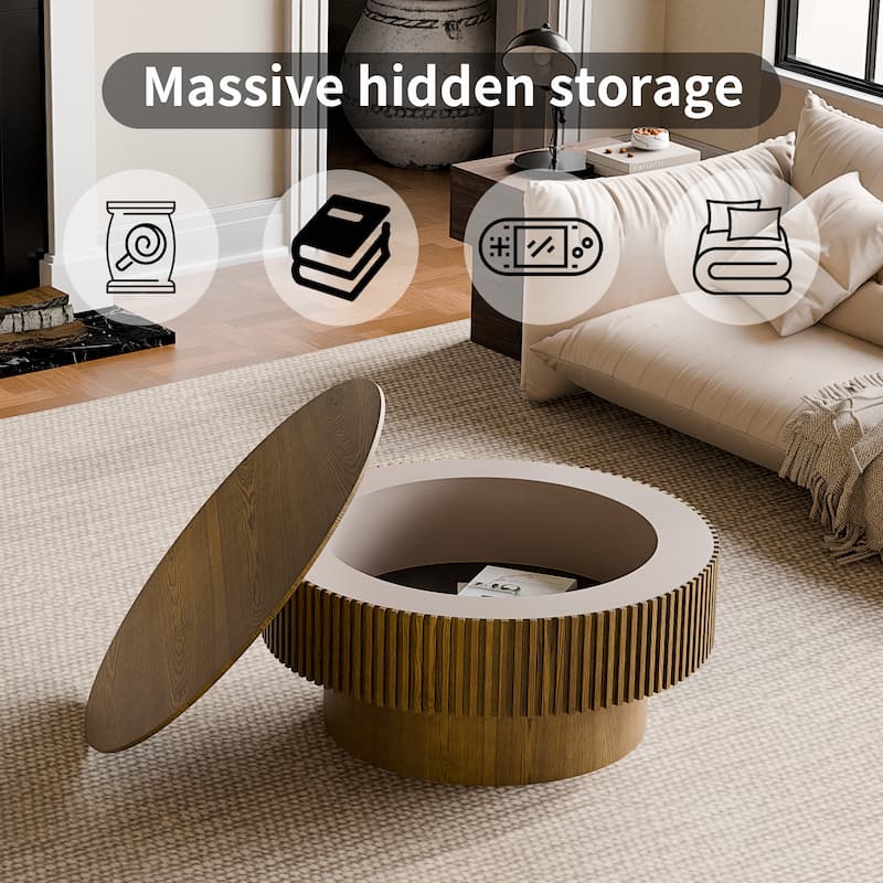 Modern 31.5" Round Coffee Table with Storage Solid Wood Veneer for Living Room and Bedroom Use