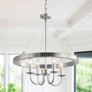 Rustic Silver Metal Round Wagon Wheel 4-Light Candle Chandelier for Dining Room - 19.7" W x 23.6" H