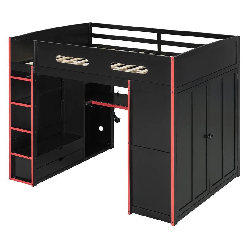 Roomfitters Full Size Loft Bed with Desk, Wardrobe, Storage and RGB Lighting