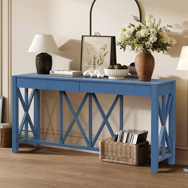 Modern Acacia Wood 60" Console Table with 4 Drawers and Unique X-Design for Entryway or Living Room