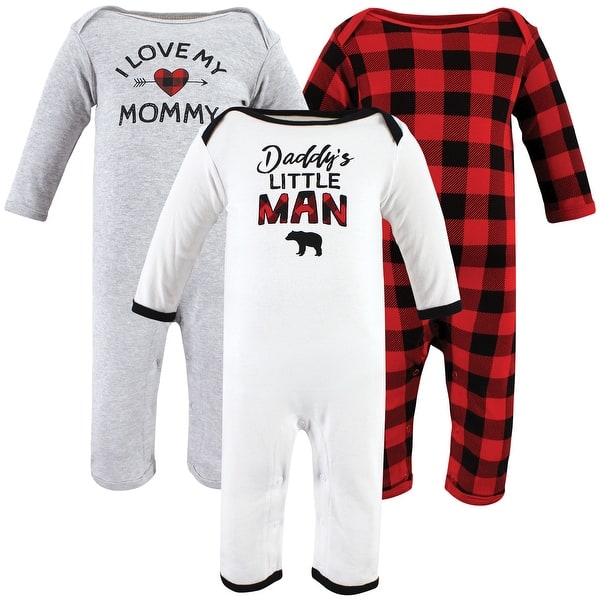 slide 1 of 1, Hudson Baby Infant Boys Cotton Coveralls, Buffalo Plaid Family 0 - 3 Months - White/Grey/Red