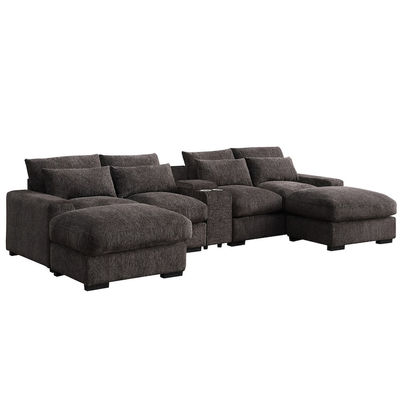 Modern Modular Sectional Sofa with Ottomans and Built-in Console, Cupholders
