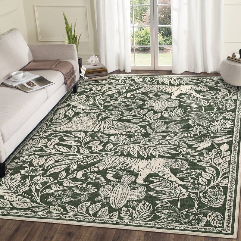 Forest Tiger Rugs Living Room Rug, Soft Washable Bedroom Rug, Low Pile Non-Slip Dining Room Home Office Carpet - 5'x7' - Green