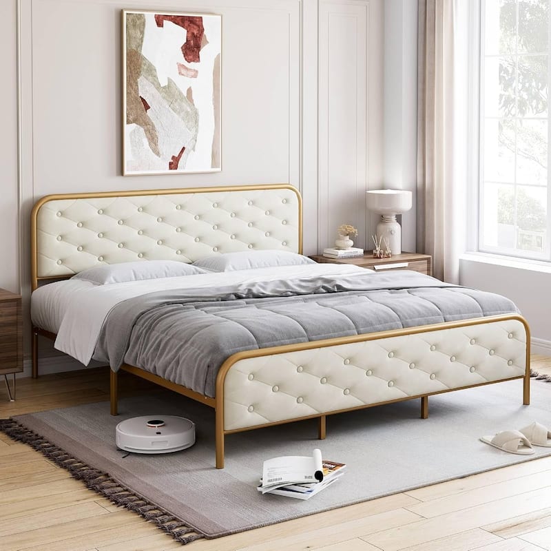 Velvet King Bed Frame with Golden Base, Curved Button Tufted Headboard, Sturdy Wood Slats, Noise-Free Platform