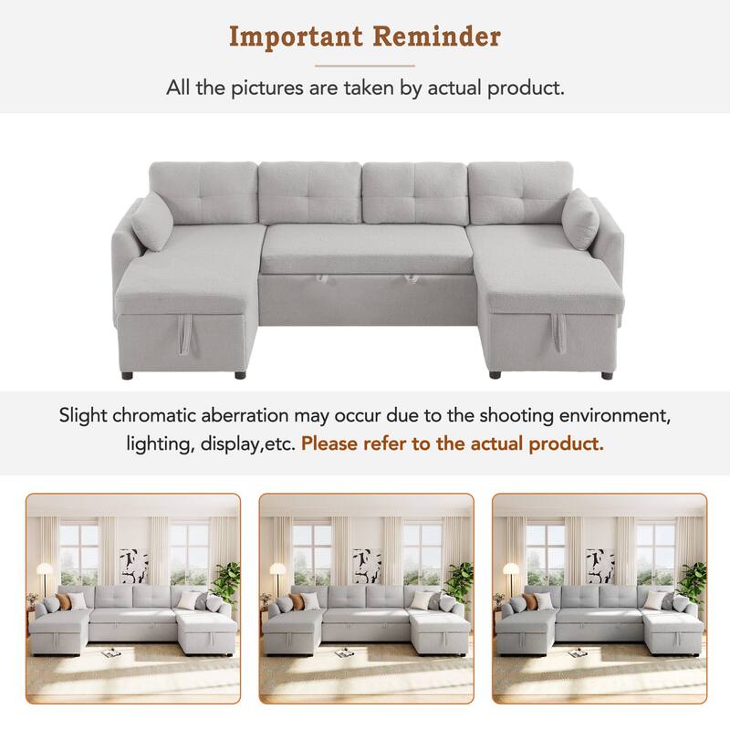 107" U-Shaped Sleeper Sectional Sofa with Storage & USB Ports - Modern Convertible Sofa Bed for Living Room