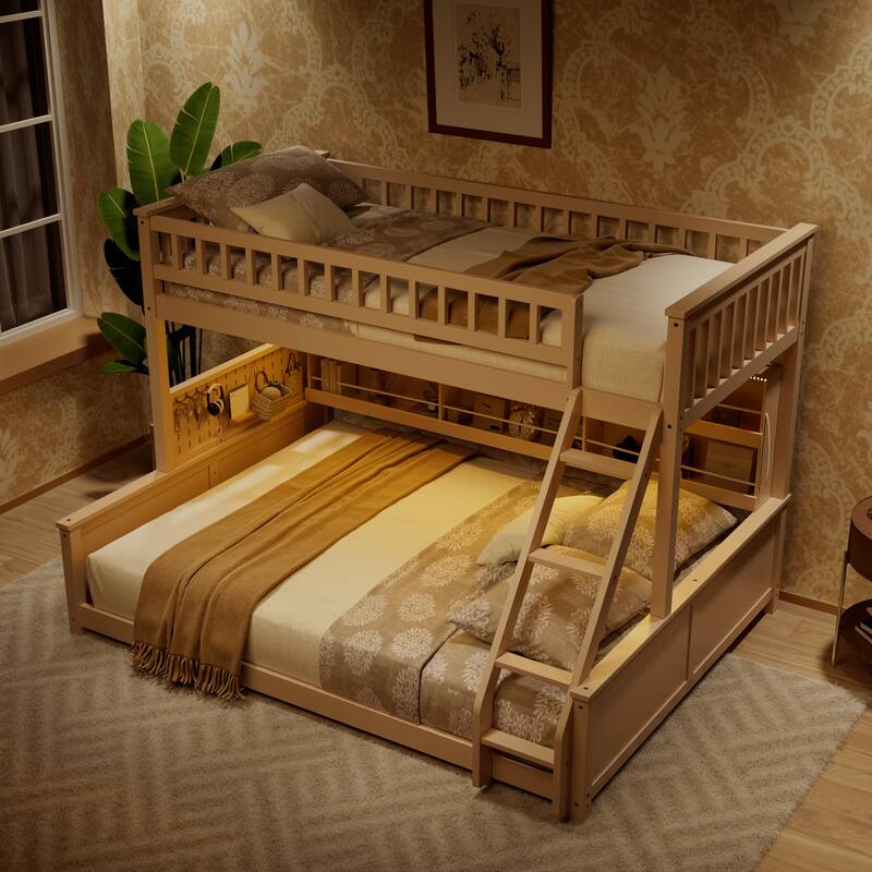 Twin XL over Queen Bunk Bed with Integrated Shelving, Color-Changing Lights and Pegboard