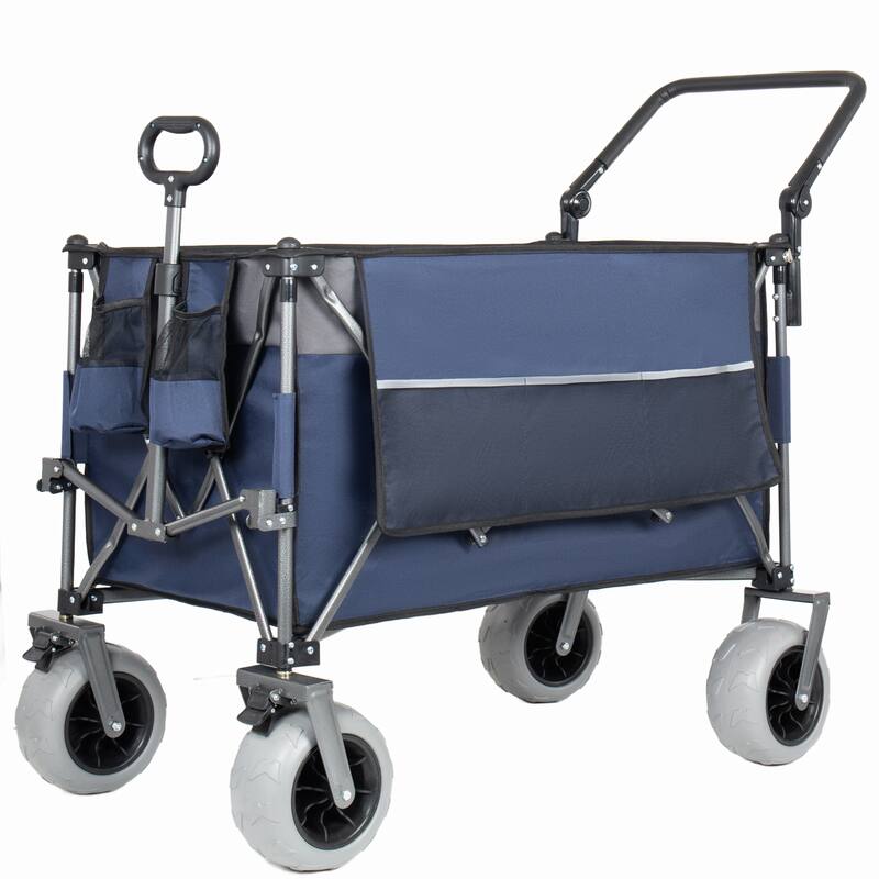 Multi-Functional Push-Pull Folding Wagon Cart with Rotating Handle & Canopy, 9"x4" Beach Tires, 300L Large Capacity