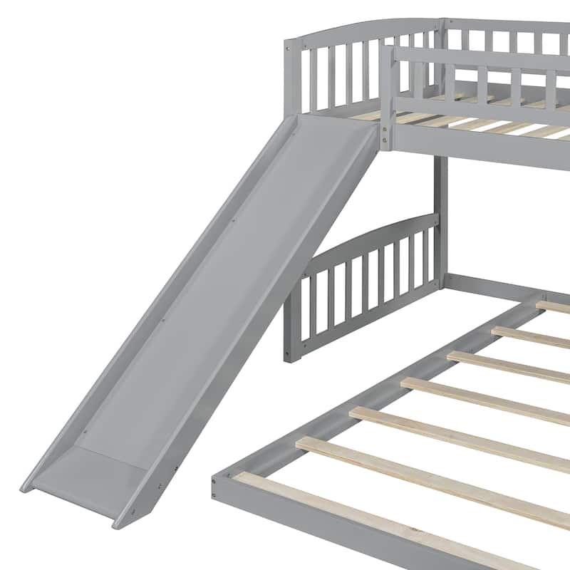 Twin over Twin Bunk Bed with Slide and Reversible Ladder, Solid Wood Frame with Safety Rails, Space-Saving Kids Bed