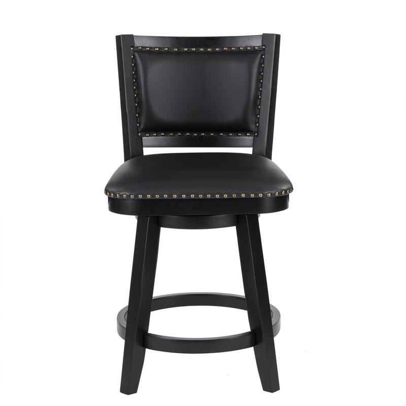 Kera Swivel Counter Height Stool Chair, Black Wood, Nailhead Faux Leather