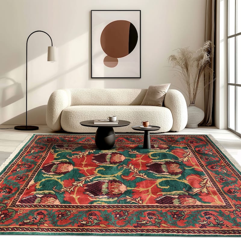 6'1''x9 Hand Knotted Wool Rust Agra Traditional Botanical Plush Pile Vintage Rug - 6' 1'' x 9' - 6' 1'' x 9'