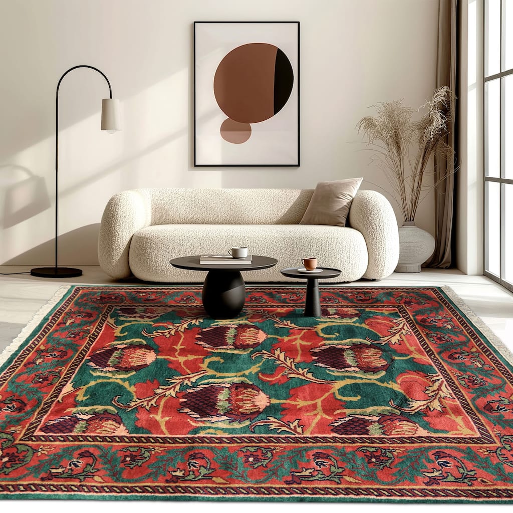 6'1''x9 Hand Knotted Wool Rust Agra Traditional Botanical Plush Pile Vintage Rug - 6' 1'' x 9'