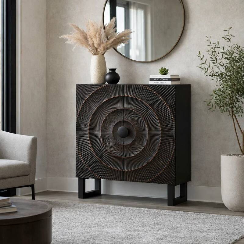 Ayma Buffet Console with 2 Doors, Carved Sunburst, Black Wood 40 Inch