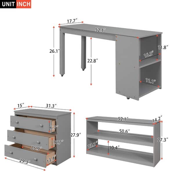 Multiple Functions Design Loft Bed with Cabinet, Shelves and Rolling Portable Desk, Full Size, Grey
