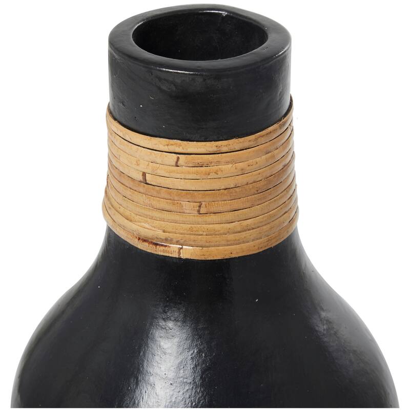 Modern Black Ceramic Vase with Stylish Wrapped Rattan Detailing