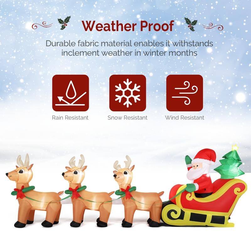 10Ft Long Blow Up Christmas Santa Claus Sleigh & Reindeer Outdoor Inlflatable Decorations - N/A