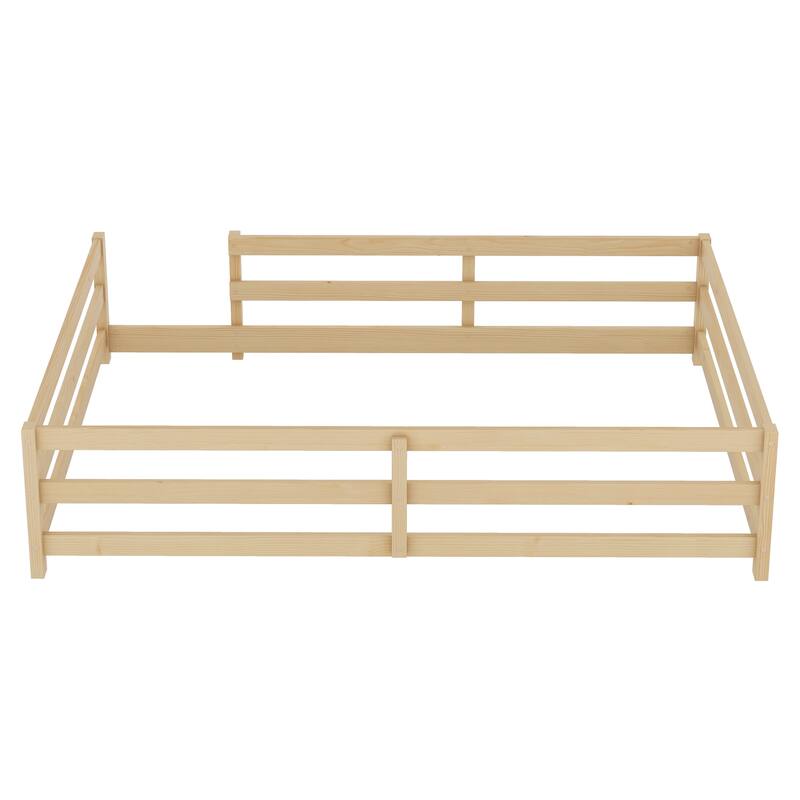 Twin/Full Montessori Floor Bed with Safety Fence - Wood Kids Floor Bed for Boys & Girls