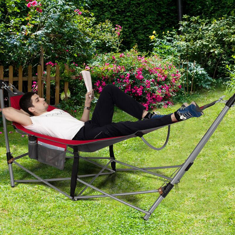 Gymax Folding Hammock Indoor & Outdoor Hammock with Side Pocket & Iron