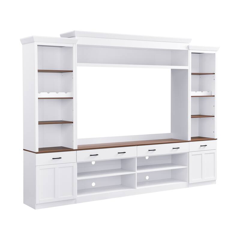 108.2" Media Wall Unit with Two Tone Walnut and Black Finish with Wine Racks