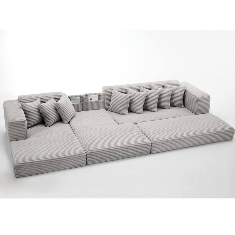 Floor Sleeper Sofa Bed Convertible L-shaped Modular Sectional Couch with Chaise, Corduroy Compression Sofa with Side Pockets