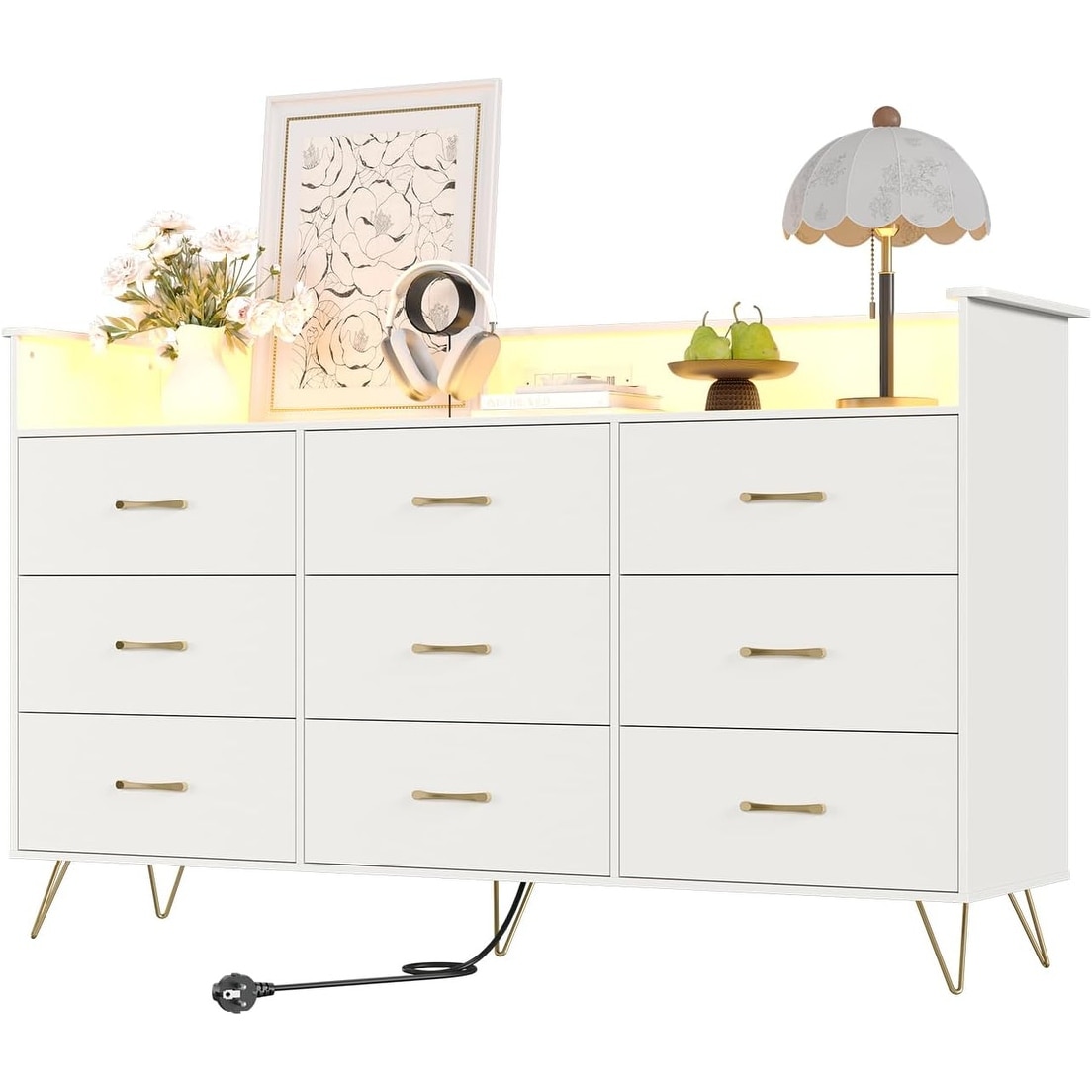 Wooden Dressers with LED Lights & Charging Station, Wood Chest of Drawers with App Control for Living Room Closet