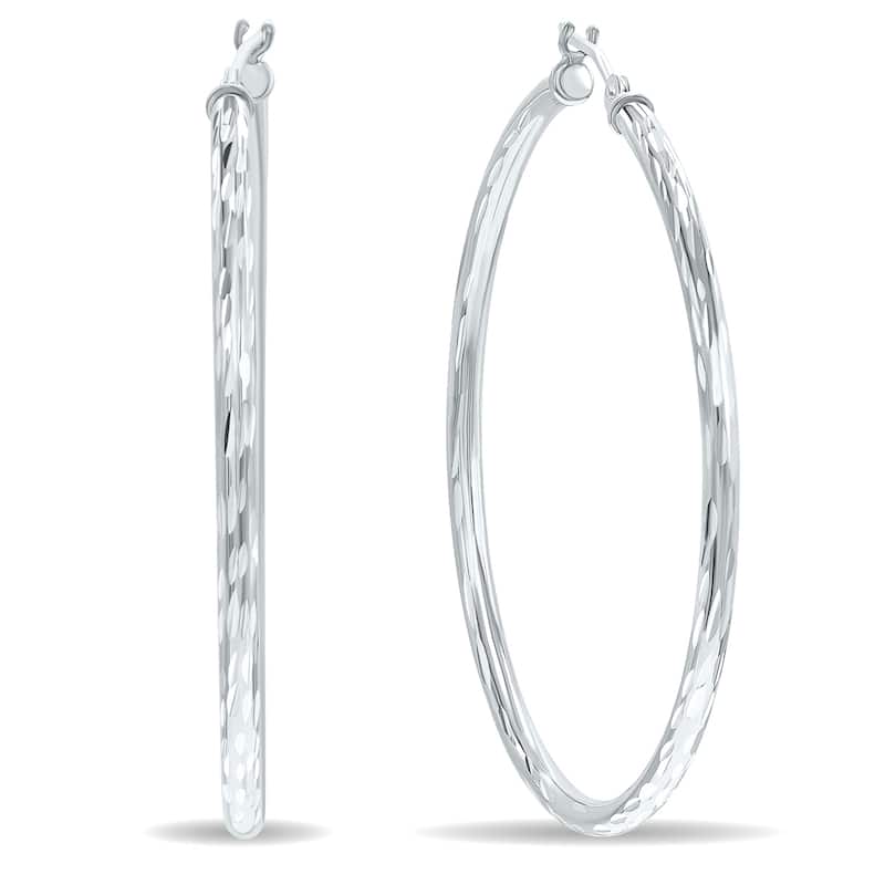 Marquee Jewels 10K White Gold Shiny Diamond Cut Engraved Hoop Earrings (40mm)