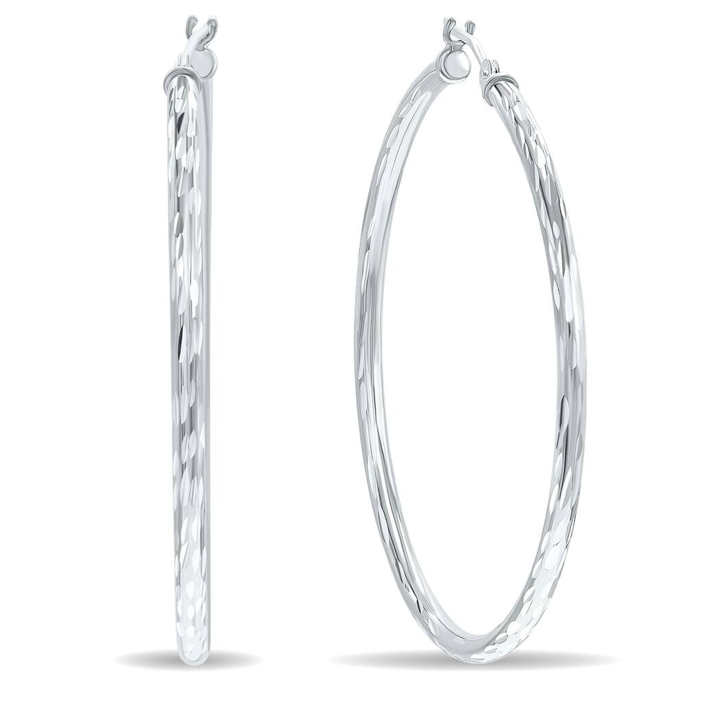 Marquee Jewels 10K White Gold Shiny Diamond Cut Engraved Hoop Earrings (40mm)