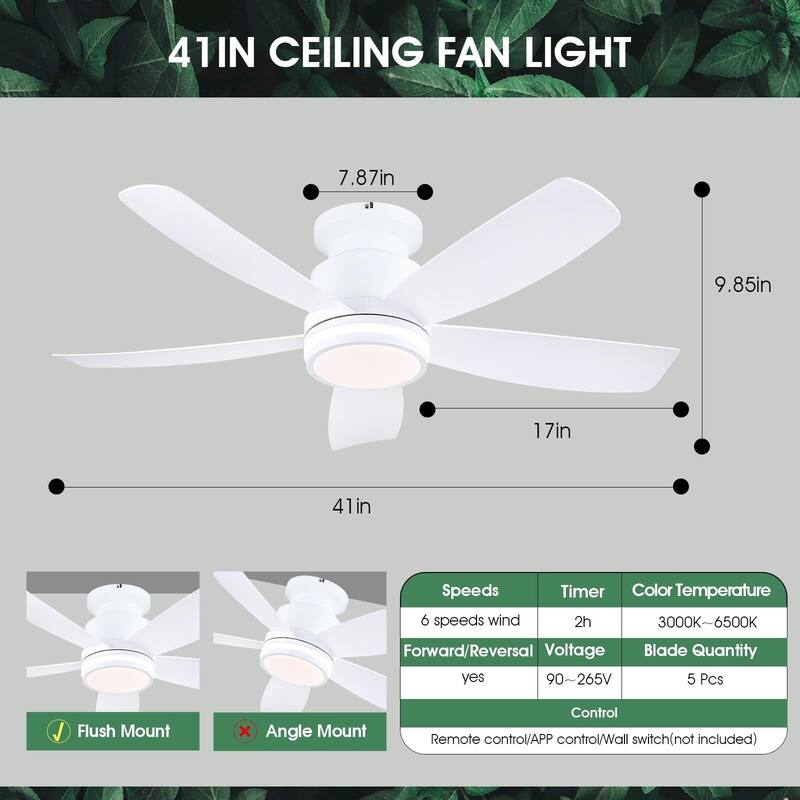 41 Inches Ceiling Fan with Light,5 ABS Blades,Flush Mount Low Profile Ceiling Fan with LED Light and Remote - 41 Inches