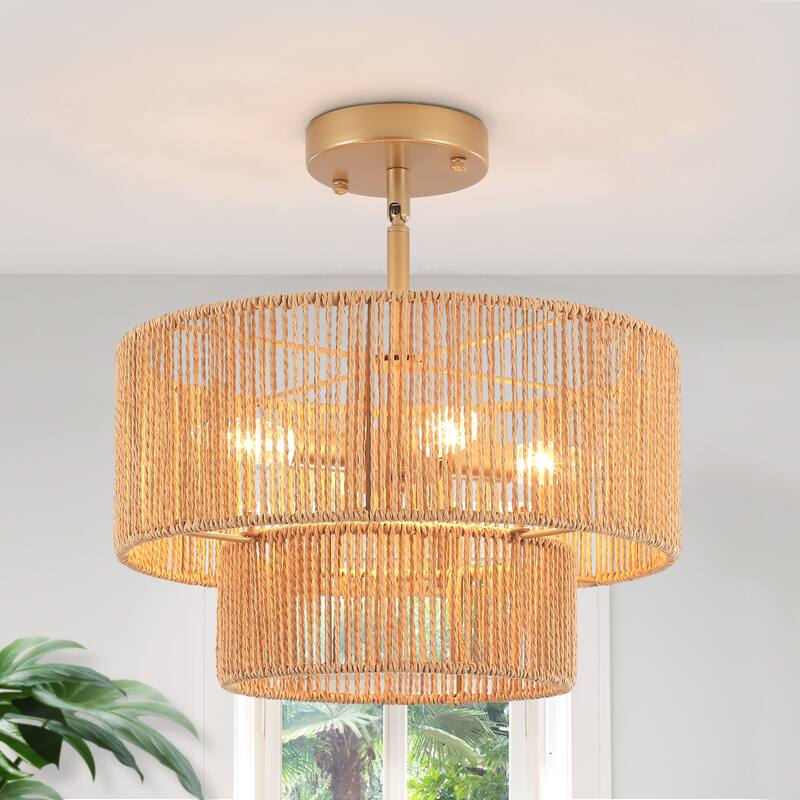 Starsky 4-Light 2-Tier Rattan Semi Flush Mount Ceiling Light - Yellow