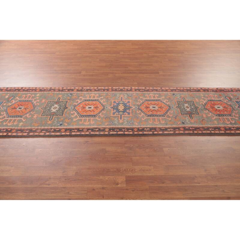 Geometric Kazak Runner Rug Handmade Grey Wool Carpet - 2'6"x 9'10"