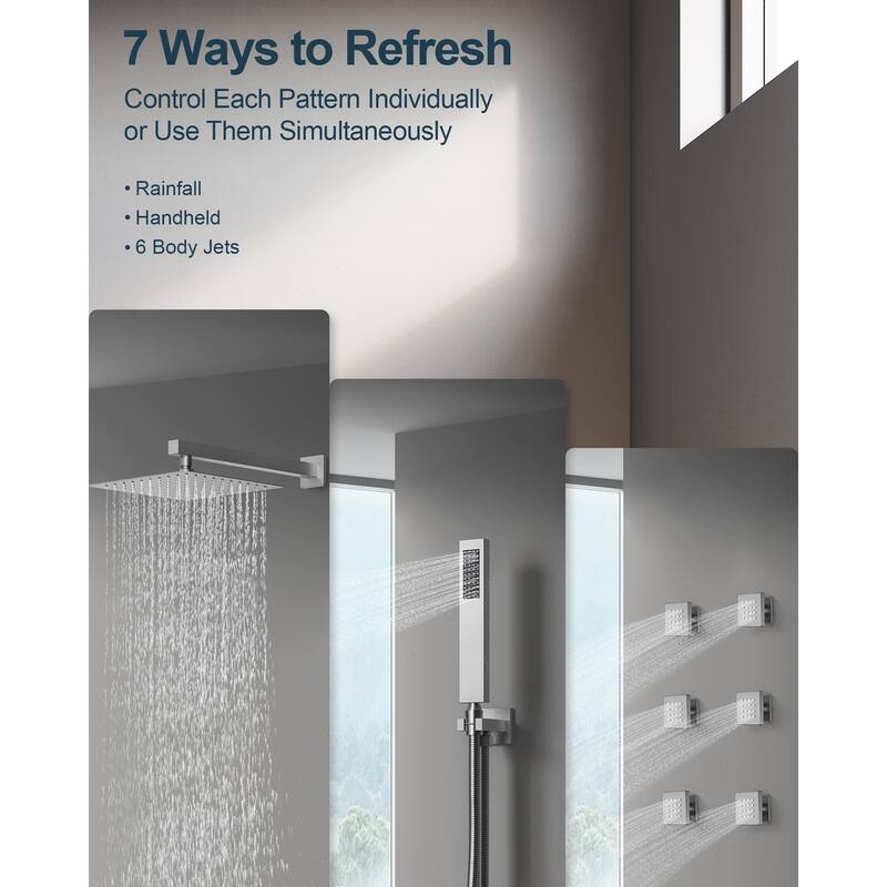 GRANDJOY Thermostatic Shower Faucet Set 12 inch Wall Mount Rainfall Shower Head with 6 Body Jets and Handheld Spray Combo
