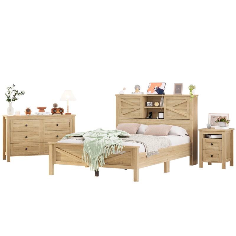 Rustic Platform Bed 3-Pieces Bedroom Sets with Storage Nightstand and Dresser, Wooden Platform Bed with Charging Station