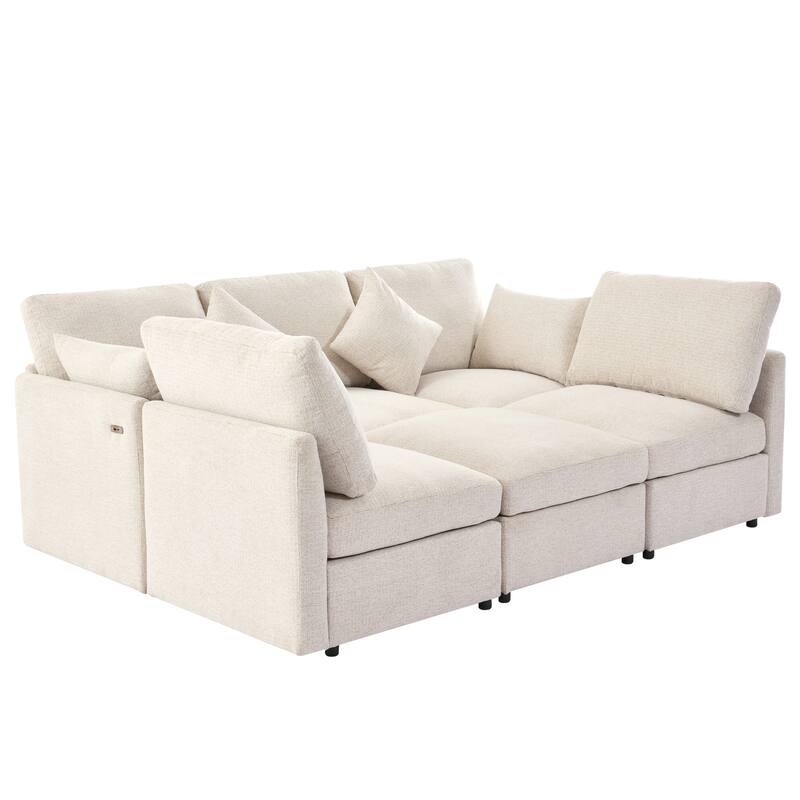 L-Shaped Modular Sectional Sofa Convertible U-Shaped Sofa Bed with Movable Ottoman and 2 USB Ports, 2 Pillows, Chenille 5 Seat