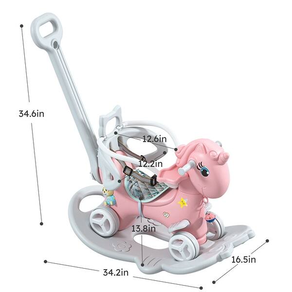 dimension image slide 1 of 2, Rocking Horse for Toddlers, Balance Bike Ride-On with Push Handle, Backrest - 16.5” x 34.2” x 34.6”