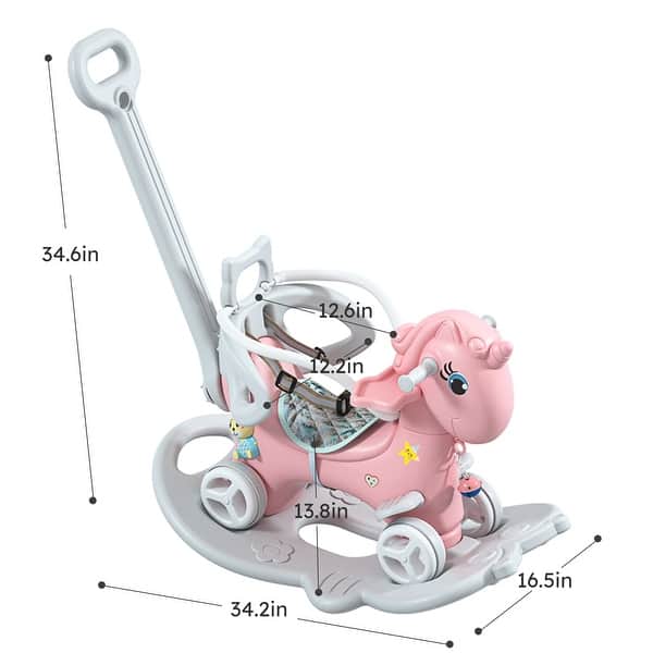 dimension image slide 3 of 4, Rocking Horse for Toddlers, Balance Bike Ride On Toys with Push Handle,Backrest and Balance Board for Baby Girl and Boy