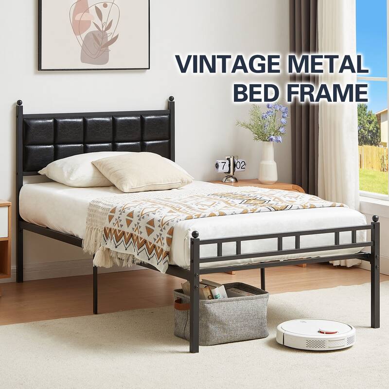 Javlergo Metal Platform Bed Frame Black PU Leather Square Tufted Bed Heavy-Duty Metal Bed Frame No Box Spring Needed