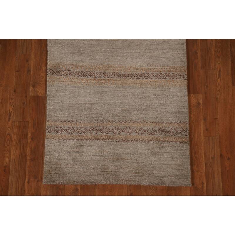 Hand Knotted Oriental 100% Wool Carpet Modern Stripe Greys & Charcoal Modern Runner Rug - 13' 3'' X 2' 7''