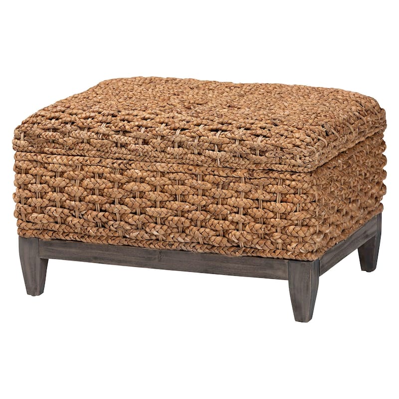 Bailey Handwoven Seagrass Storage Ottoman with Lift-Top - Rustic Wicker Trunk or Footrest for Living Room or Entryway - Natural Brown, Espresso Brown - Square