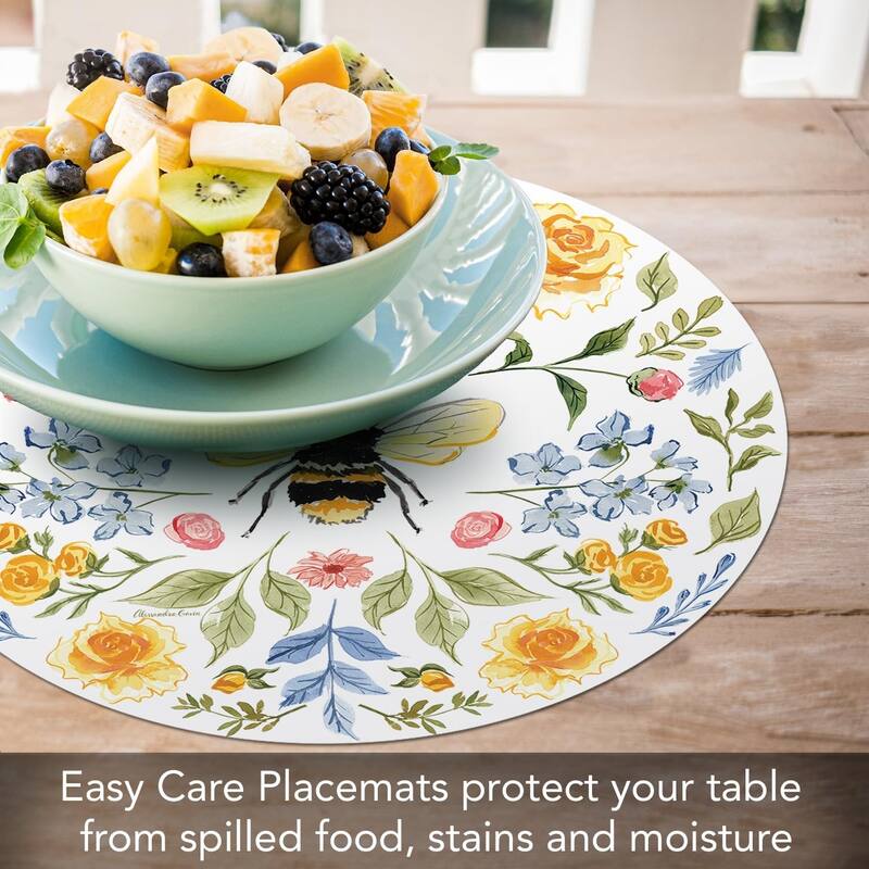 Floral Bee 4 Pack Round Reversible Easy Care Flexible Plastic Placemats Made in The USA Reversible Flexible Easily Wipes Clean
