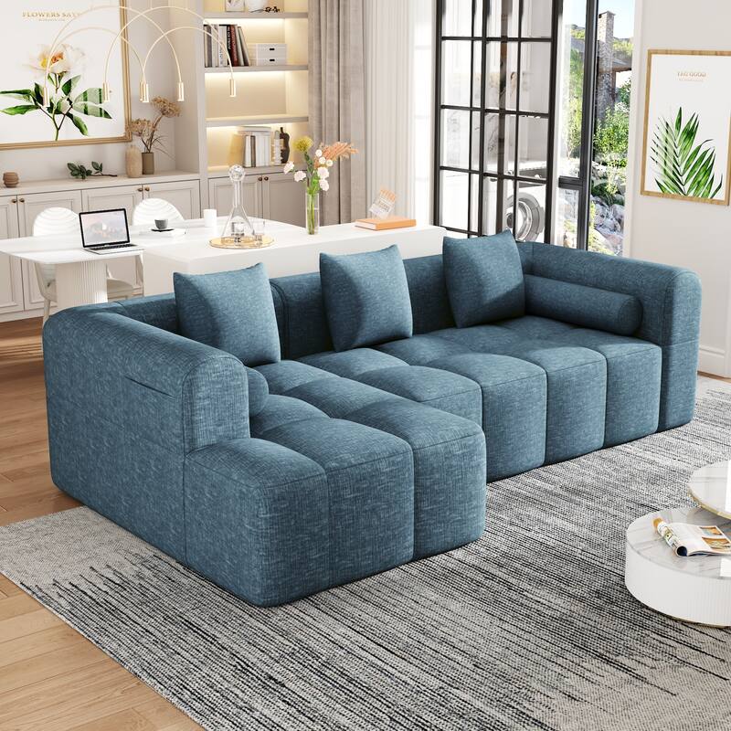 Full-Compressed Sectional Sofa with L-Shape Chaise, Modular 3 Seater Sectional Sofa, Upholstered Sofa with Side Pockets