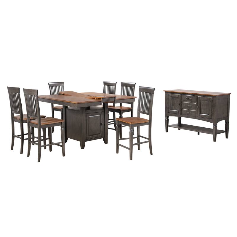 Counter Height Dining Set 5Pc Extendable Table 6 Stools Storage Cabinet Distressed Brown