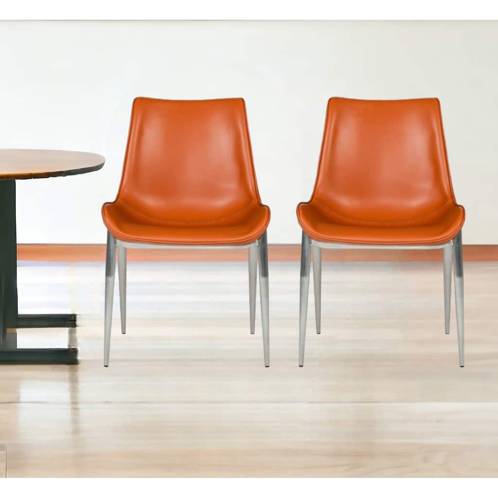 Set of Two Cognac Faux Leather Modern Dining Chairs