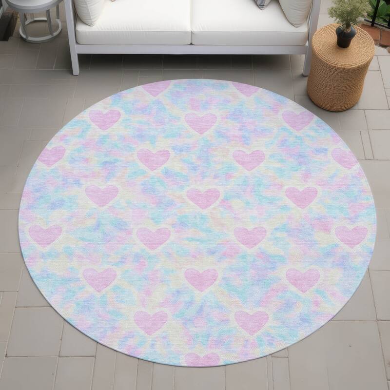 Machine Washable Indoor/ Outdoor Modern Hearts Chantille Rug - Pink - 8' x 8'